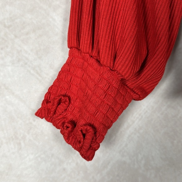 Anthropologie Red Top Womens Medium Square Neck Smocked Bishop Sleeves Cropped - Picture 4 of 10
